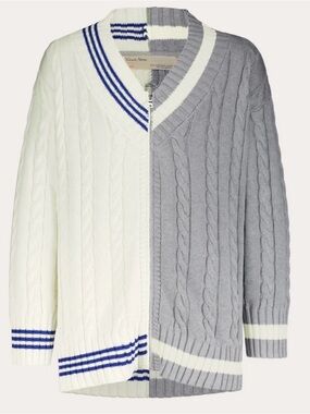 Good Alma Oversized Cotton Cable Knit Cardigan Tennis Sweater V-Neck, Size S